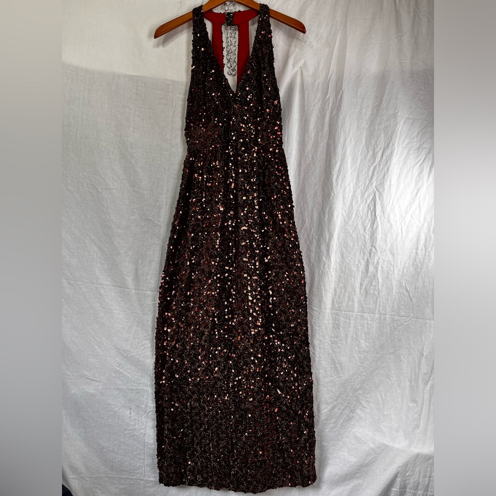 Joseph Magnin Vintage Sequins Maxi Dress Halter Top Brown Long Evening Gown XS